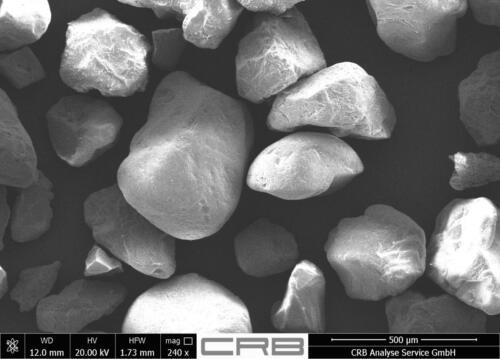 Rasterelektronemikroskopisches Bild bei 240-facher Vergrößerung - überwiegend kantengerundete Körner, kein Problem für Sandfresser und Welsbarteln